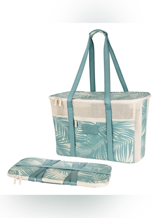ALOHA Collection Handbags - ALOHA Collection Collapsible Teal Palm-Print Tote with Cream Trim